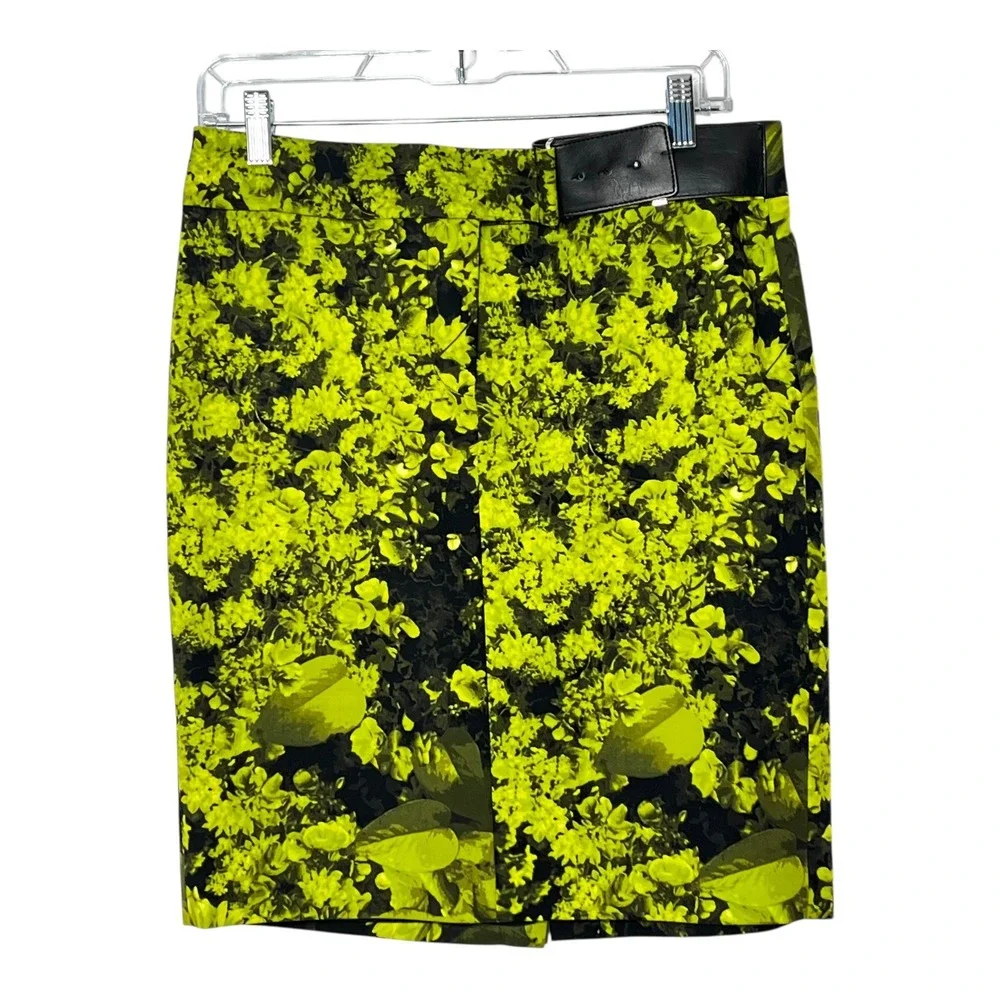 Michael Michael Kors Neon Lime Floral Pencil Skirt Black Buckle Detail Size 6